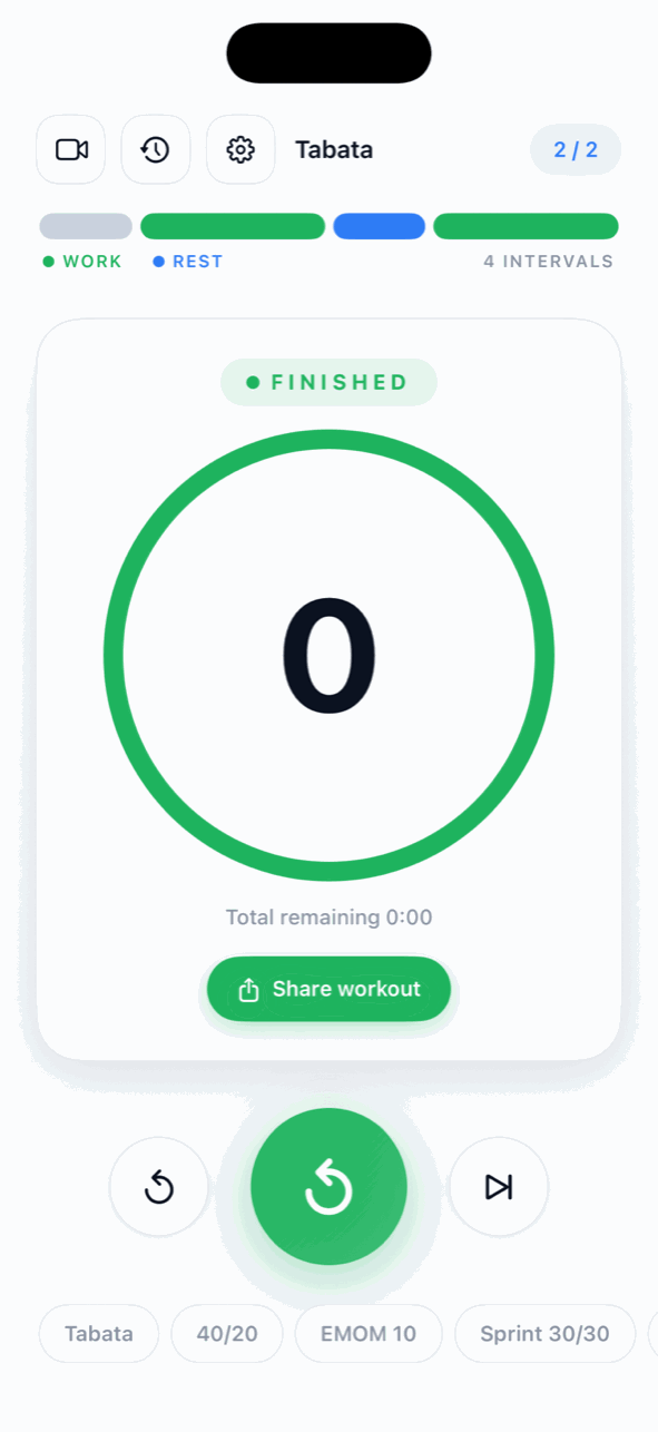 Finished workout screen with Share workout button
