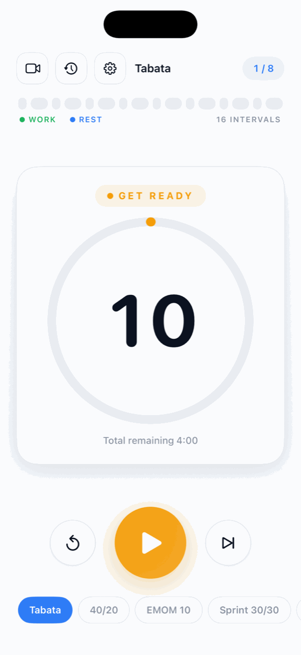 Tabata get-ready screen with preset chips: Tabata, 40/20, EMOM 10, Sprint 30/30
