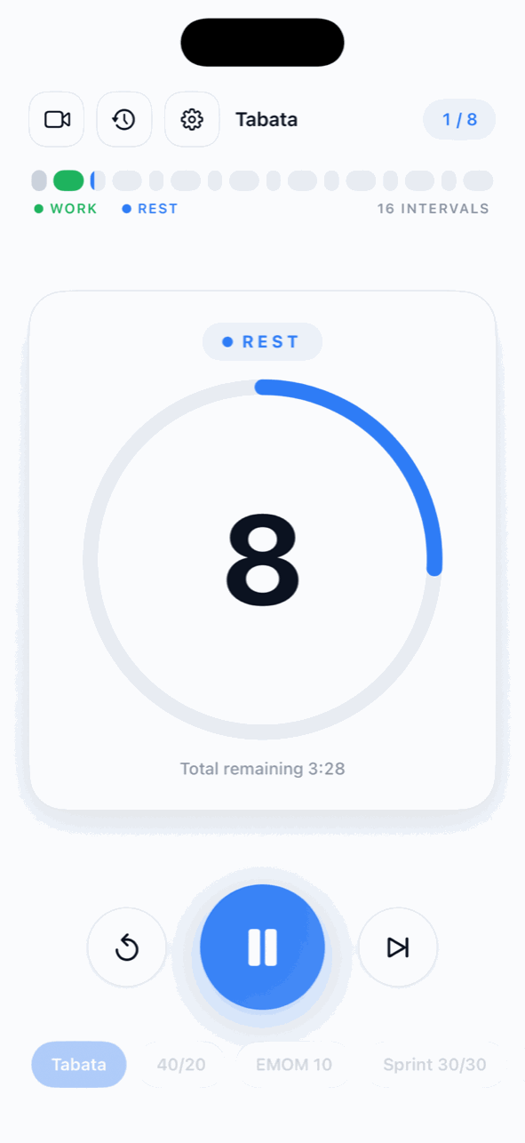 Tabata rest interval: 8 seconds left, blue progress ring