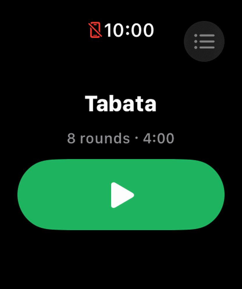 Apple Watch start screen: Tabata, 8 rounds, 4:00, start button